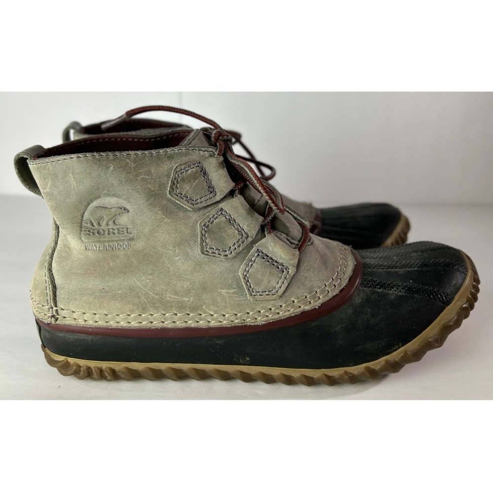 Sorel Out N About Waterproof Leather Lace-Up Ankle Duck Boots Grey/Burgundy, 8